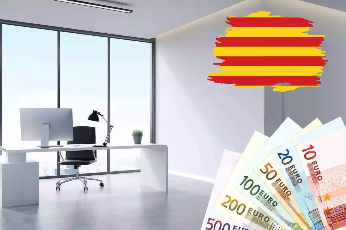 Fotomontaje con una imagen de fondo de una oficina de una empresa y al frente un abanico de billetes y una bandera catalana