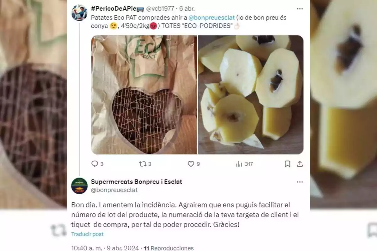 Fotomontaje con la captura de un tweet de un cliente quejándose de las patatas de Bonpreu Fotomontaje con la captura de un tweet de un cliente quejándose de las patatas de Bonpreu