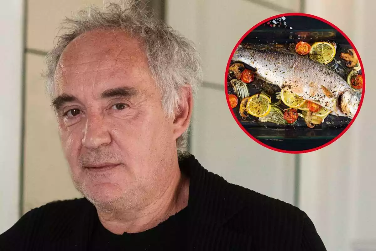 Fotomontaje del rostro del chef Ferran Adrià medio sonriendo de fondo y al frente una redonda roja con el plato de lubina al horno