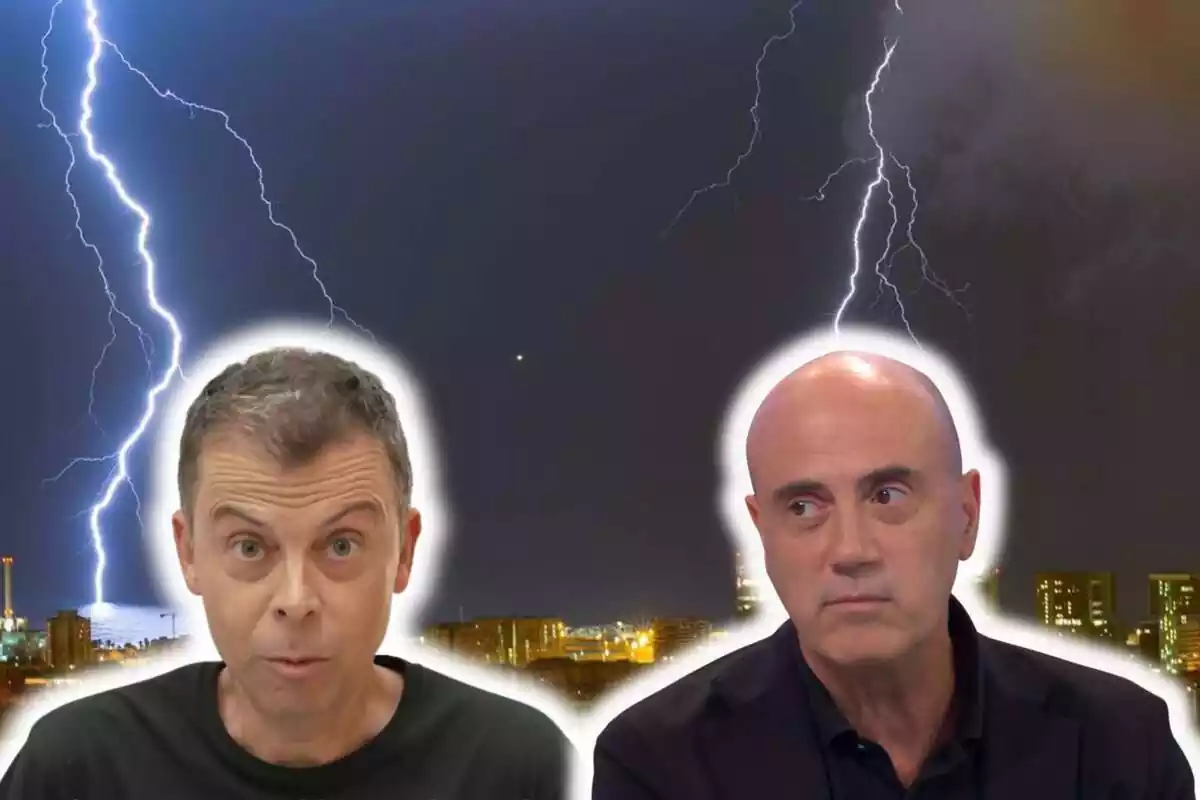 Fotomontaje con las caras de Francesc Mauri y Tomàs Molina serios con un fondo de tormenta