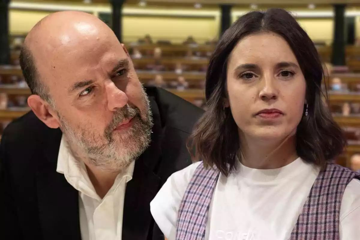 Fotomontaje con los rostros de Jordi Basté e Irene Montero al frente y de fondo una imagen difuminada de un pleno del Congreso