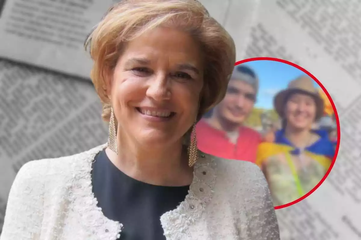 Fotomontaje con un fondo difuminado de páginas de libros y al frente Pilar Rahola sonriendo y una redonda roja con la imagen difuminada de dos de sus hijos