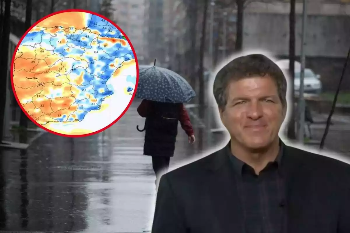 Fotomontaje con una imagen de fondo de una persona paseando bajo la lluvia con un paraguas en la mano, y al frente la cara del meteorólogo Mario Picazo sonriendo y una redonda roja con una captura del mapa de España con el frente atlántico anunciado