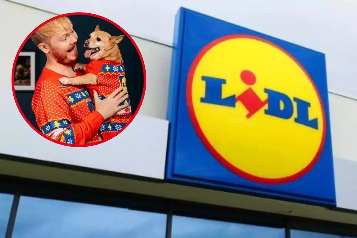 Fotomontaje del logo de Lidl en el exterior de un supermercado de fondo y al frente una redonda roja con la imagen de un hombre y su perro con los jerséis navideños rojos de Lidl a conjunto