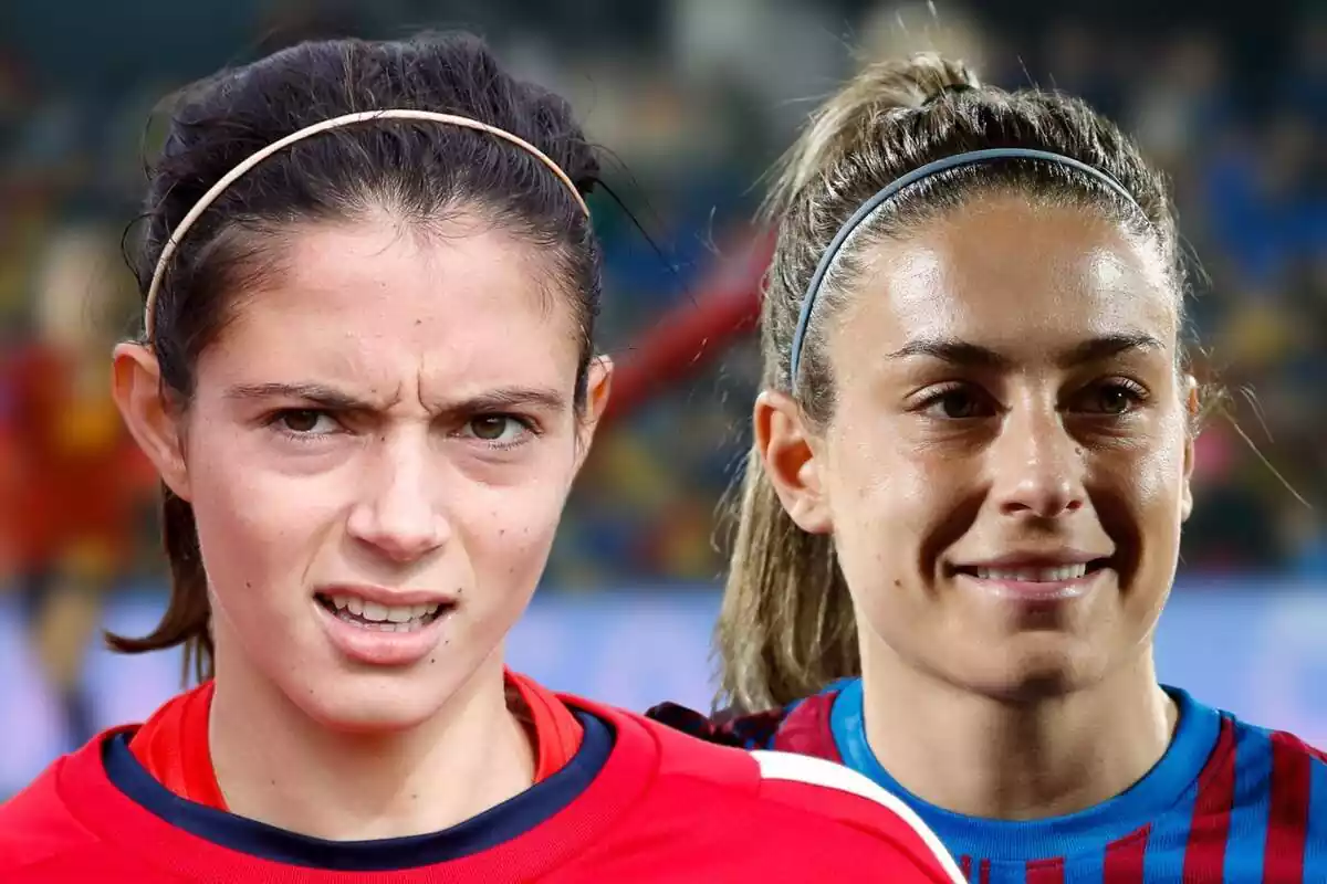 Fotomontaje con una imagen de fondo del Italia vs España del viernes, 1 de diciembre, y al frente las caras de Aitana Bonmatí seria con la camiseta de la Selección Española y Alexia Putellas sonriendo y del Barça