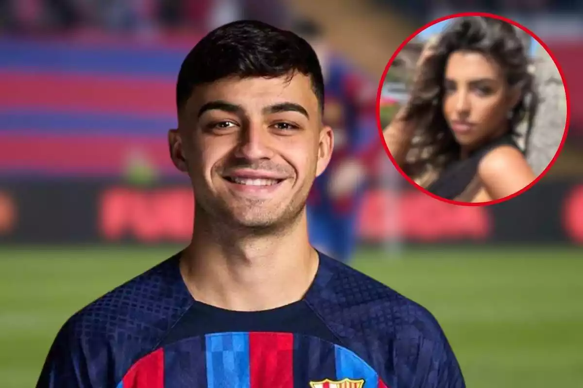 Fotomontaje con un fondo difuminado de un campo de fútbol y al frente Pedri sonriendo con la camiseta del FC Barcelona y una redonda roja con la influencer Lorena Ramiro difuminada