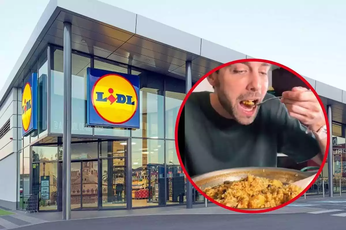 Fotomontaje con un fragmento de un hombre comiendo un kit de paella de Lidl y de fondo el exterior de un supermercado Lidl