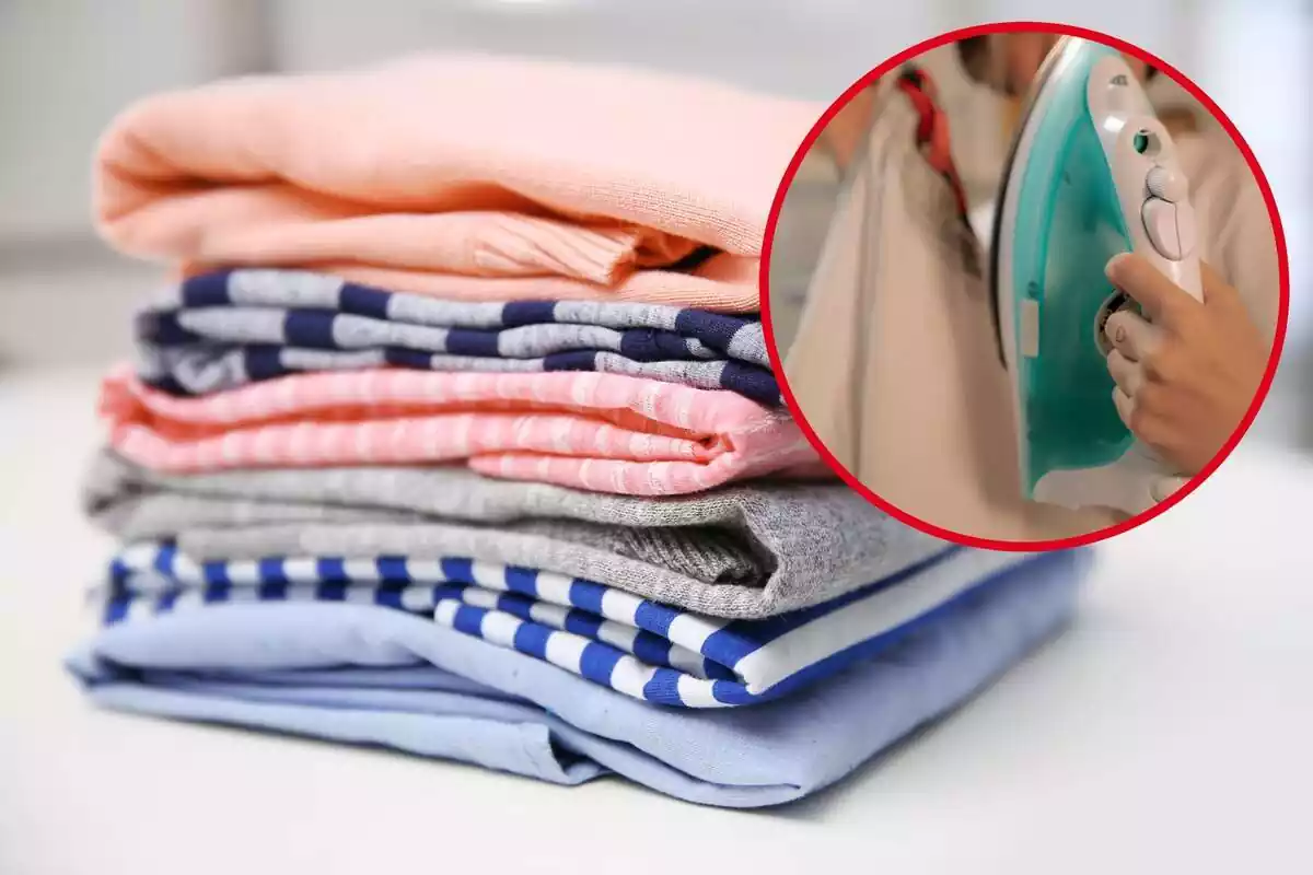 Fotomontaje con una imagen de fondo de un montón de ropa apilada y doblada y una redonda roja con una persona aguantando una plancha y unos pantalones Fotomontaje con una imagen de fondo de un montón de ropa apilada y doblada y una redonda roja con una persona aguantando una plancha y unos pantalones