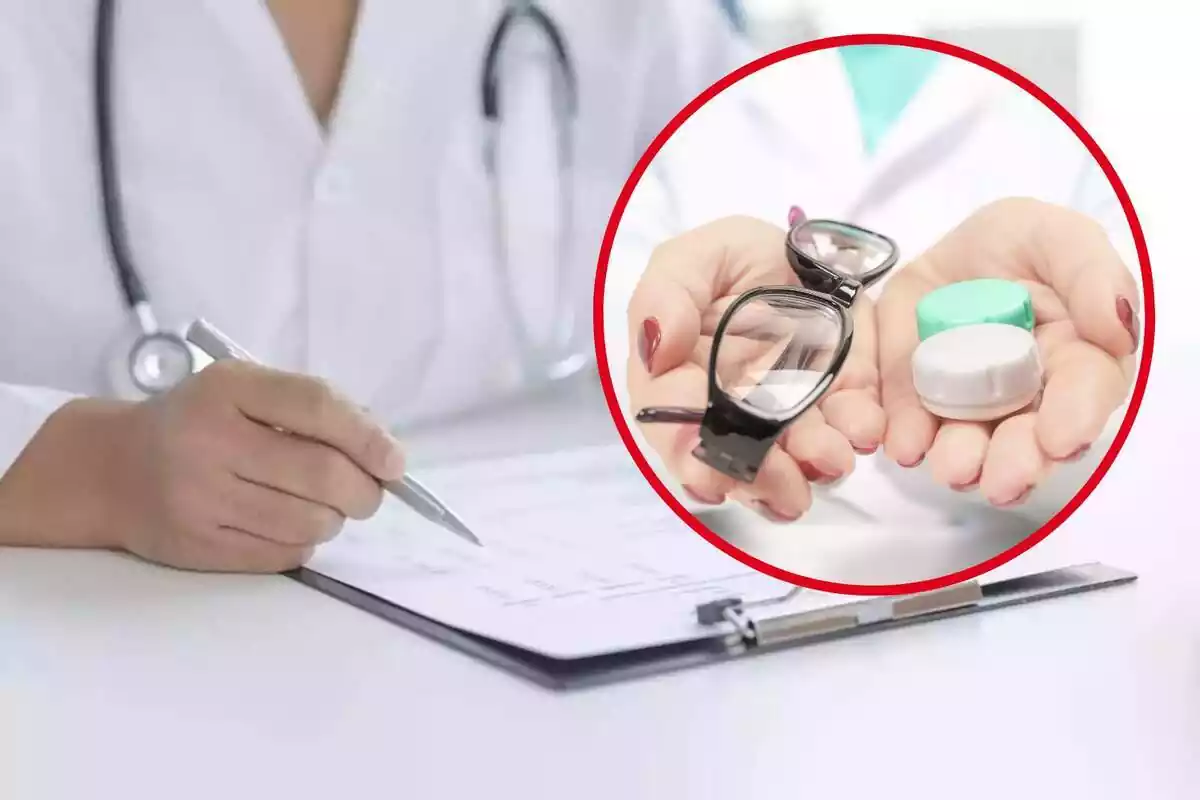 Fotomontaje de las manos de un médico con un informe de imagen de fondo y al frente una redonda roja con una mano con gafas y una caja de lentillas