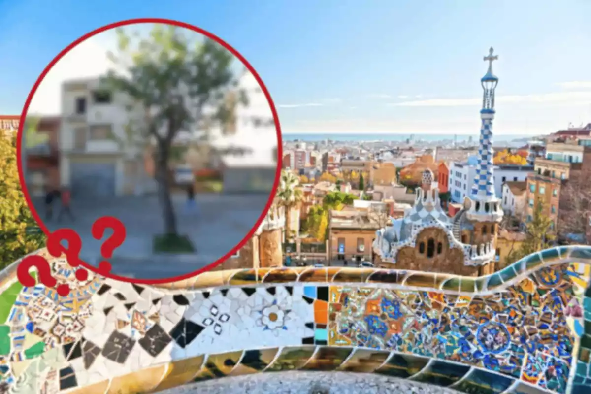 Fotomontaje con una imagen de fondo del Parc Güell de Barcelona y una redonda roja con interrogantes con una imagen difuminada del barrio del Culubret de Figueras