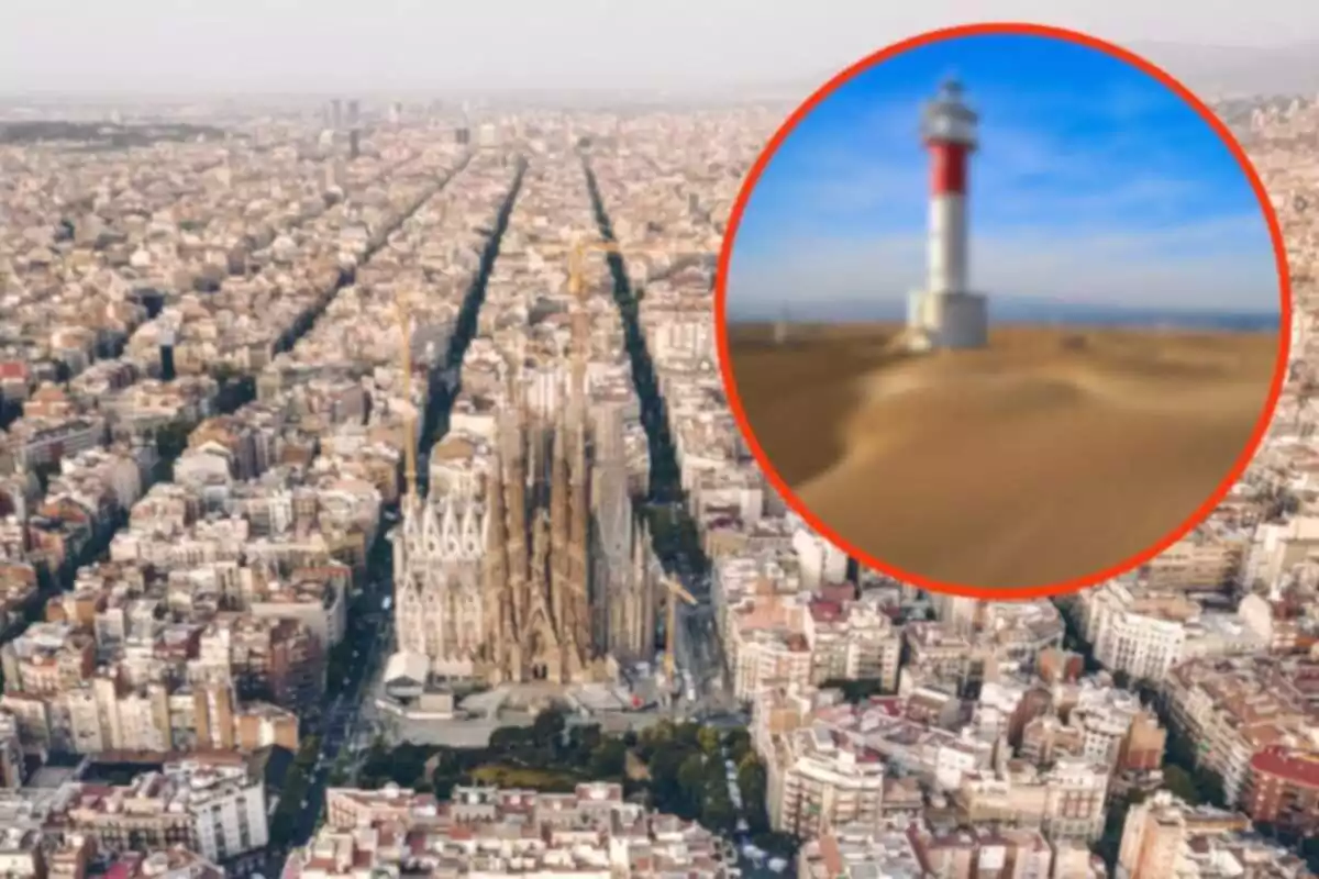 Fotomontaje con una imagen de fondo de la ciudad de Barcelona desde el aire y al frente una redonda roja con el faro del Fangar