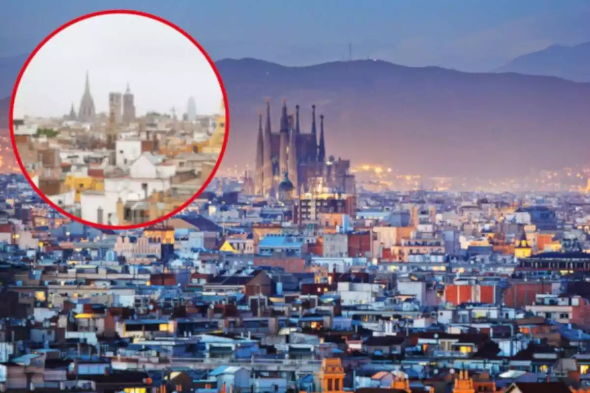 Fotomontaje con una imagen de fondo de la ciudad de Barcelona y al frente una redonda roja con el barrio de El Raval