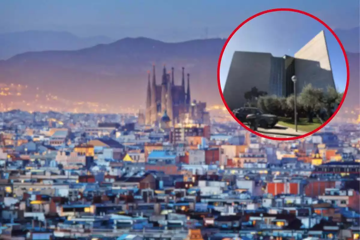 Fotomontaje con una imagen de fondo de la ciudad de Barcelona y al frente una redonda roja con el hotel Torre Melina de Hotels Meliá de Barcelona