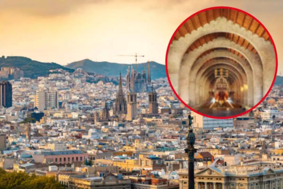 Fotomontaje con una imagen de fondo de Barcelona y una redonda roja con el Museo Marítimo de Barcelona