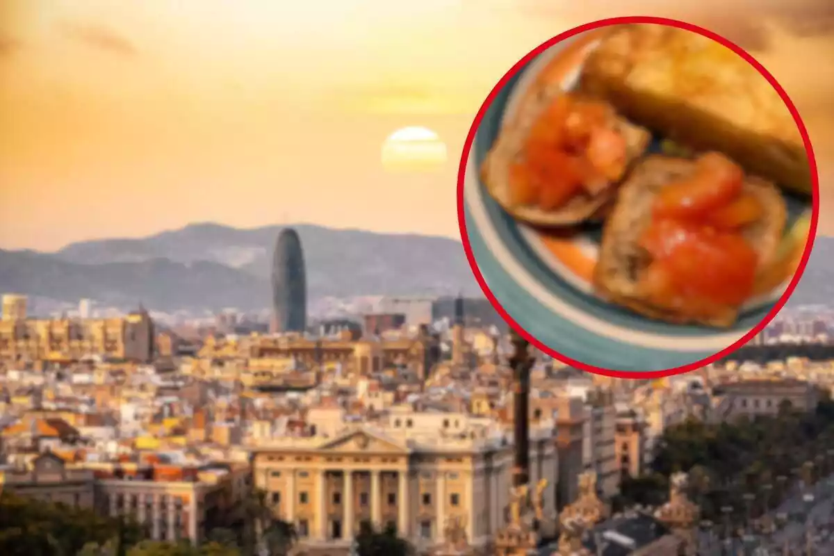 Fotomontaje con una imagen de fondo de la ciudad de Barcelona y al frente una redonda roja con el plato de pan con tomate