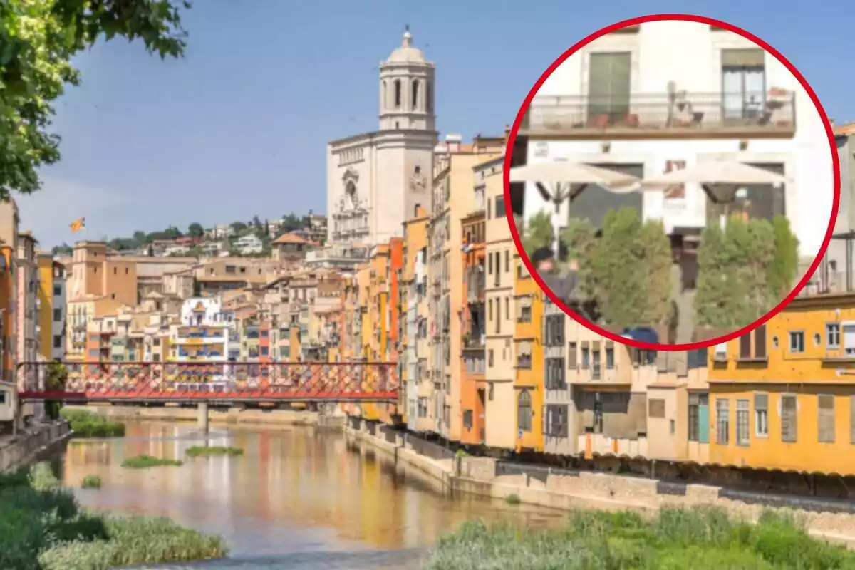Fotomontaje con una imagen de fondo de la ciudad de Girona y una redonda roja con el bar The River Cafè difuminado