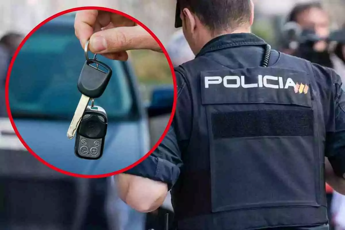 Fotomontaje con una imagen de fondo de un agente de la Policía y al frente una redonda roja con unas llaves de coche
