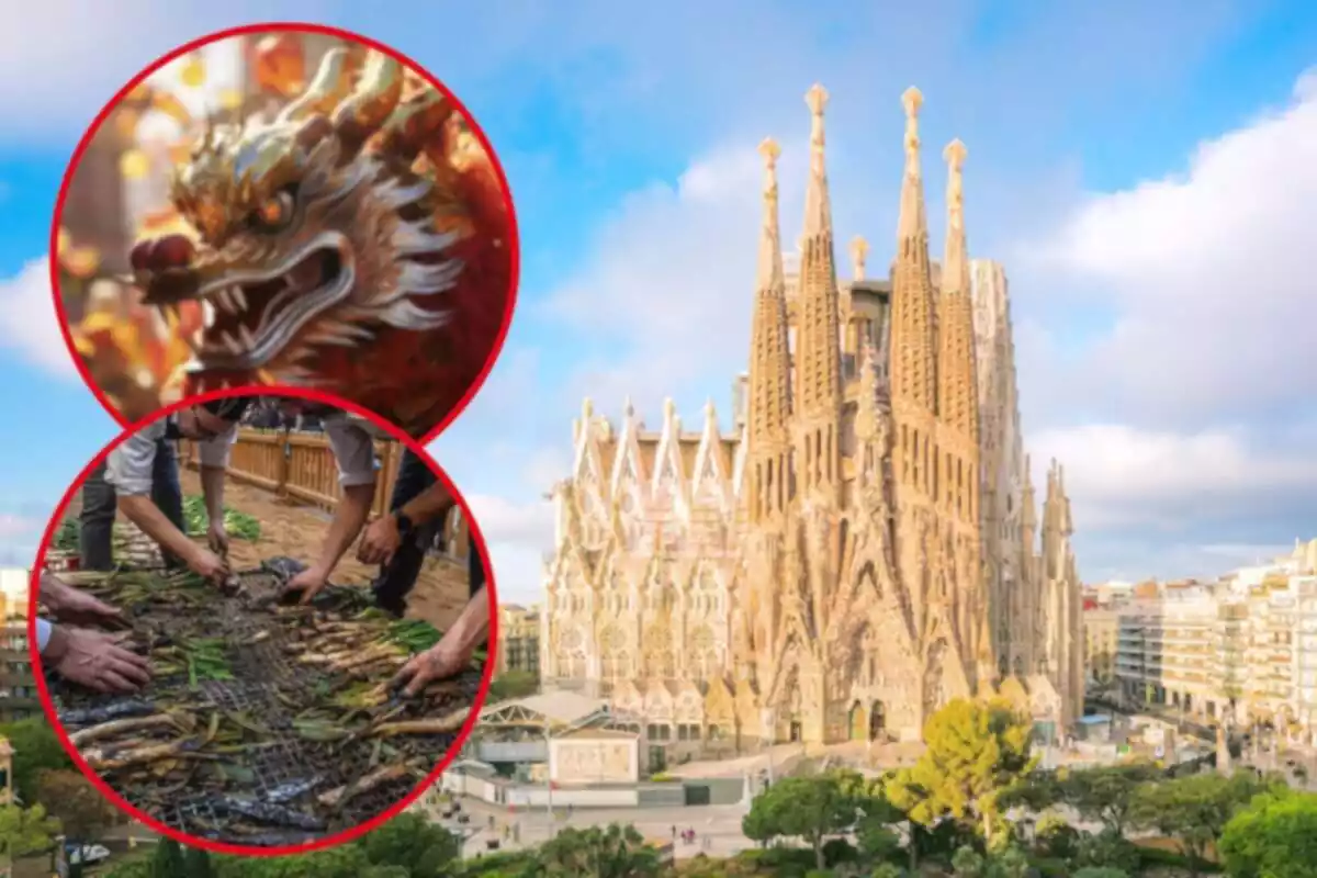 Fotomontaje con una imagen de fondo de la Sagrada Familia de Barcelona y al frente dos redondas rojas con una calçotada y el Año Nuevo Chino