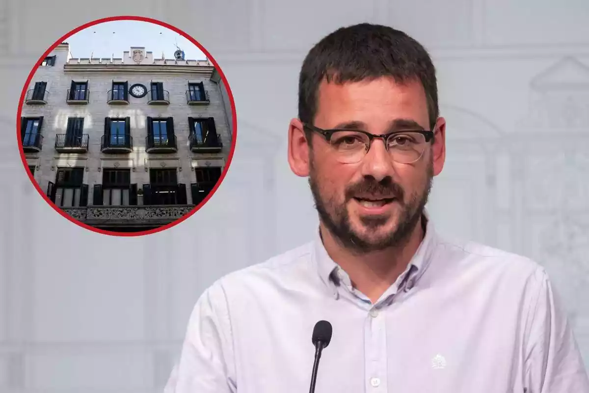 Fotomontaje con una imagen de fondo de Lluc Salellas, alcalde de Gerona, y al frente una redonda roja con el edificio de Fontajau