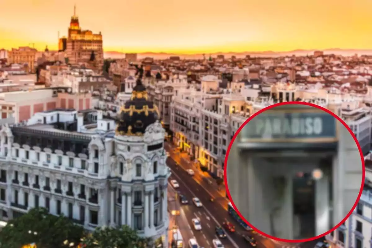 Fotomontaje con una imagen de fondo de la ciudad de Madrid y al frente una redonda roja con la imagen difuminada del exterior de la coctelería Paradiso de Barcelona