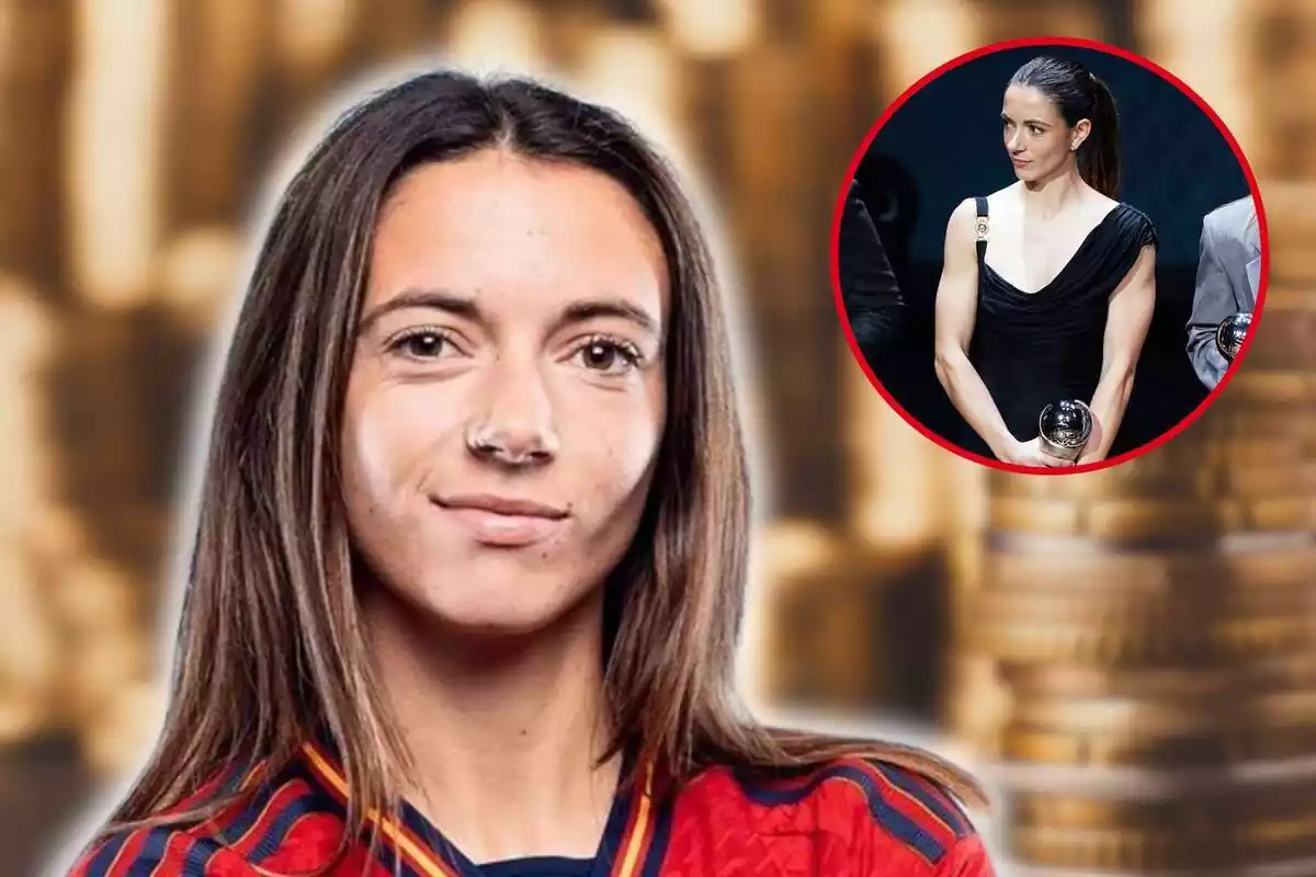 Fotomontaje con una imagen de fondo difuminada de monedas amontonadas y al frente Aitana Bonmatí y una redonda roja con ella en la gala de la FIFA