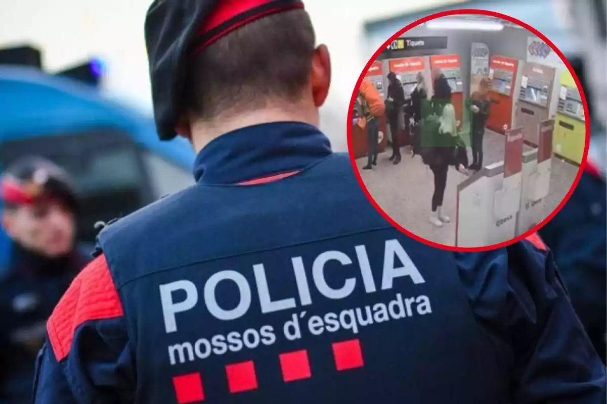 Fotomontaje con una foto de fondo de un agente de los Mossos d'Esquadra de espaldas y una redonda roja con el método de la 'mancha'