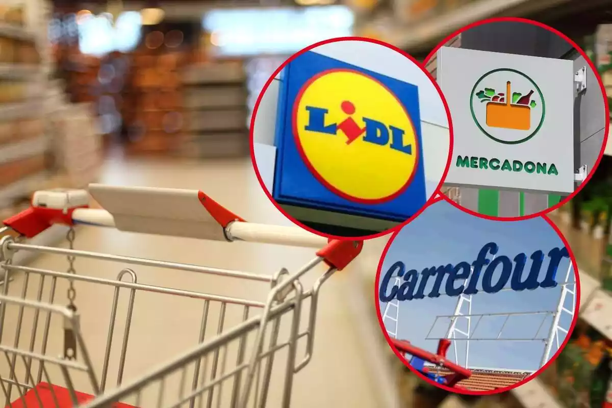 Fotomontaje con una imagen de fondo de un carrito de supermercado y los logos de Lidl, Carrefour y Mercadona al frente en tres redondas rojas