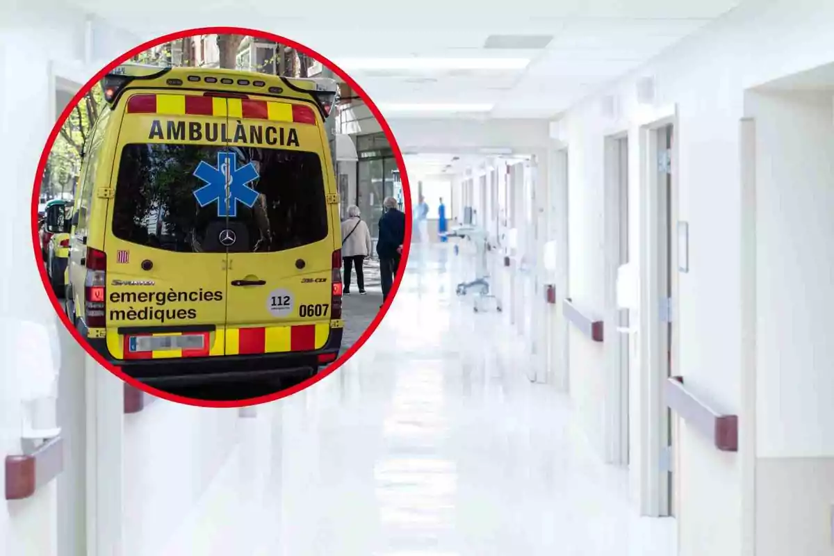 Fotomontaje con una imagen de fondo del pasillo de un hospital y al frente una redonda roja con una imagen de una ambulancia del SEM