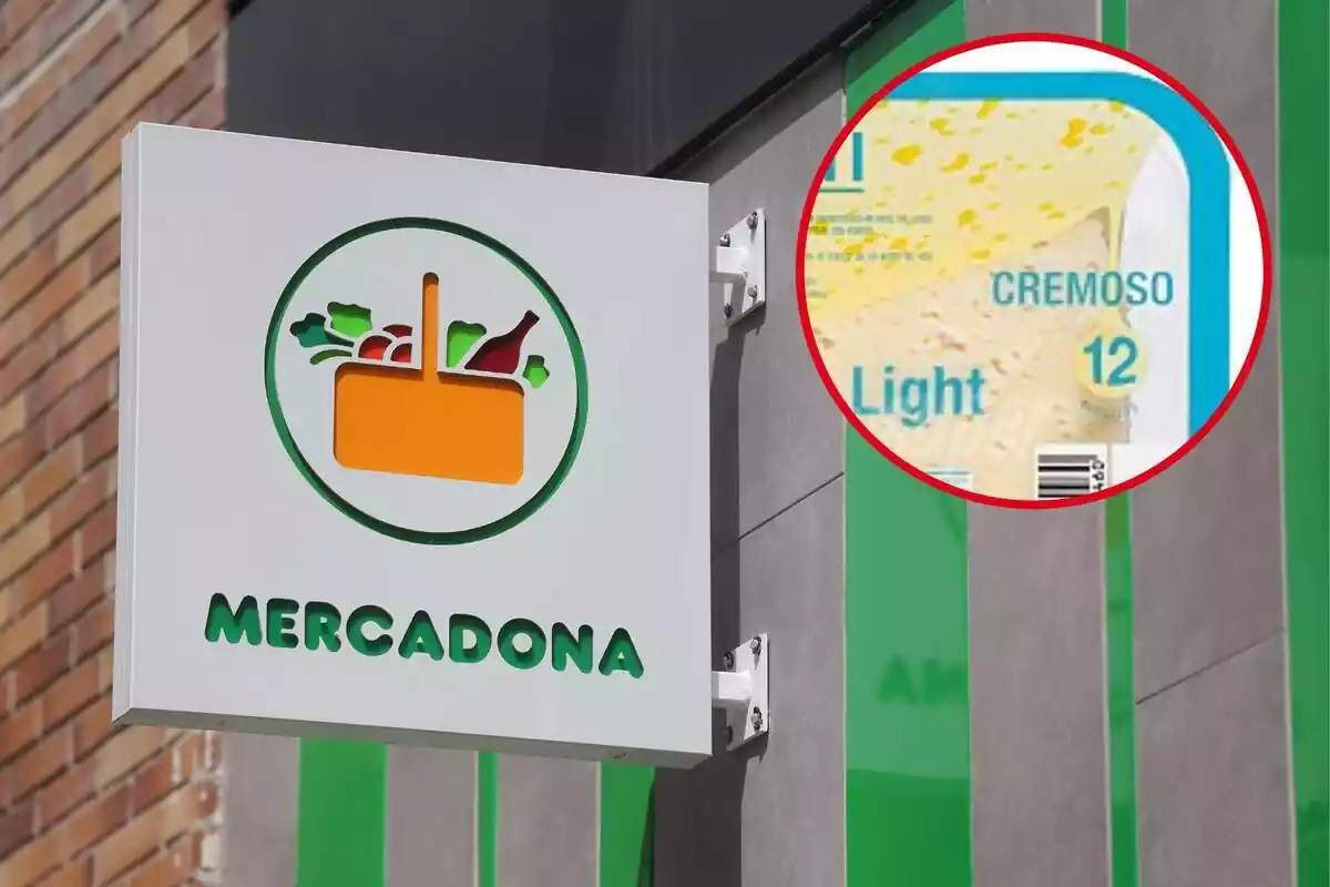 Fotomontaje con una imagen de fondo del logo de un Mercadona y al frente una redonda roja con el queso light Havarti