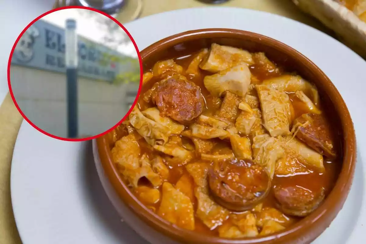 Fotomontaje con una imagen de fondo de un plato de callos y al frente una redonda roja con la imagen del restaurante El Gordo 2 de Tarragona difuminada