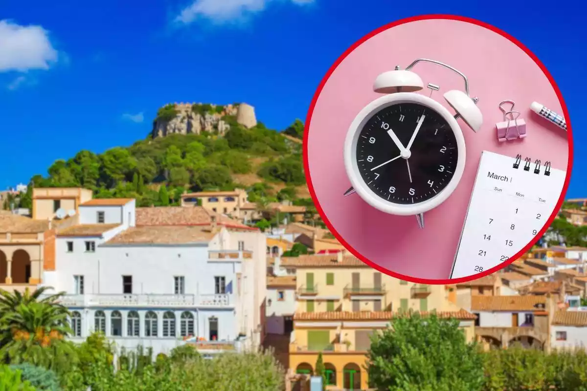 Fotomontaje con una imagen de fondo de un pueblo de España y al frente un reloj con un calendario al lado