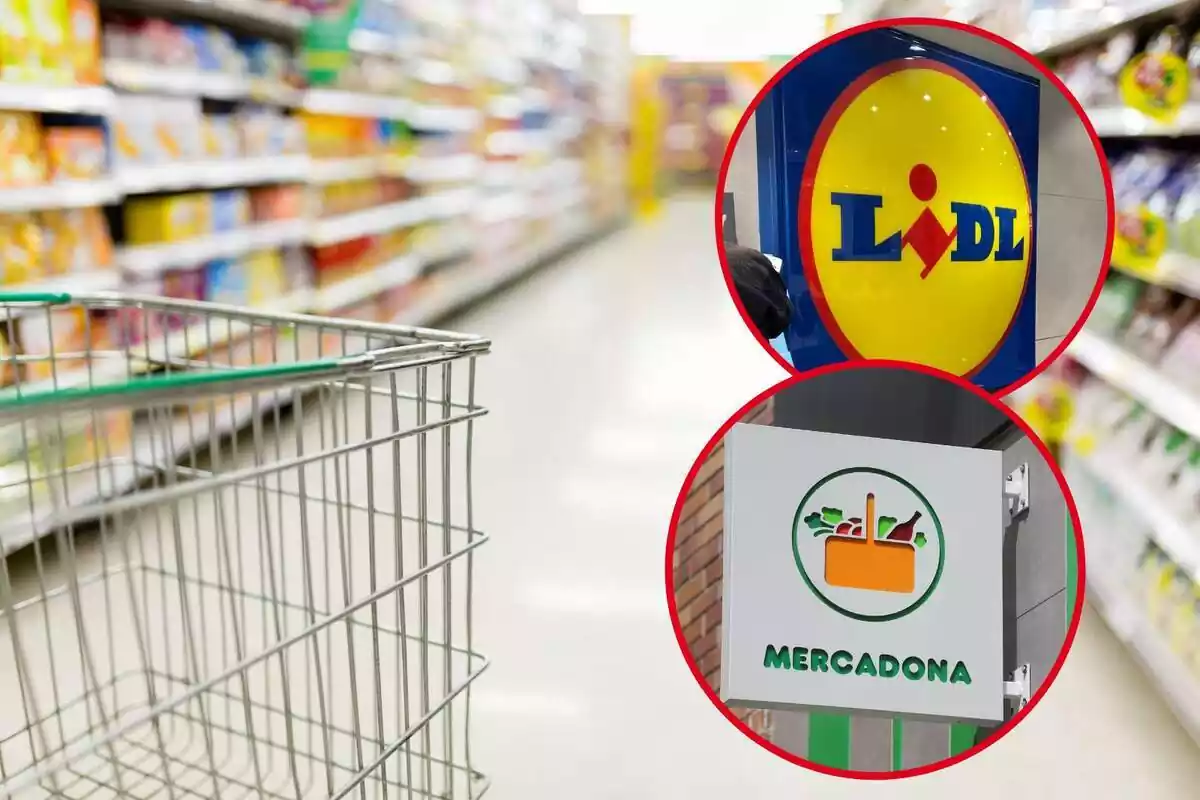 Fotomontaje con una imagen de fondo de un carrito y el pasillo de un supermercado y dos redondas rojas con los logos de los supermercados Lidl y Mercadona