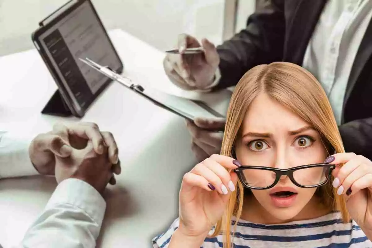 Fotomontaje de dos personas en una mesa de oficina de trabajo y al frente una mujer sorprendida