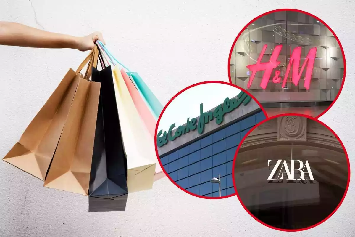 Fotomontaje con una imagen de fondo de una mano sujetando unas bolsas de compra y al frente tres redondas rojas con los logos de H&M, Zara y El Corte Inglés