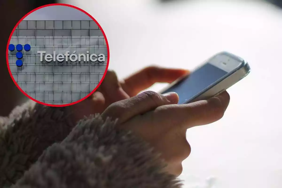 Fotomontaje con una imagen de una persona usando un teléfono móvil de fondo y al frente una redonda roja con el logo de Telefónica en un edificio
