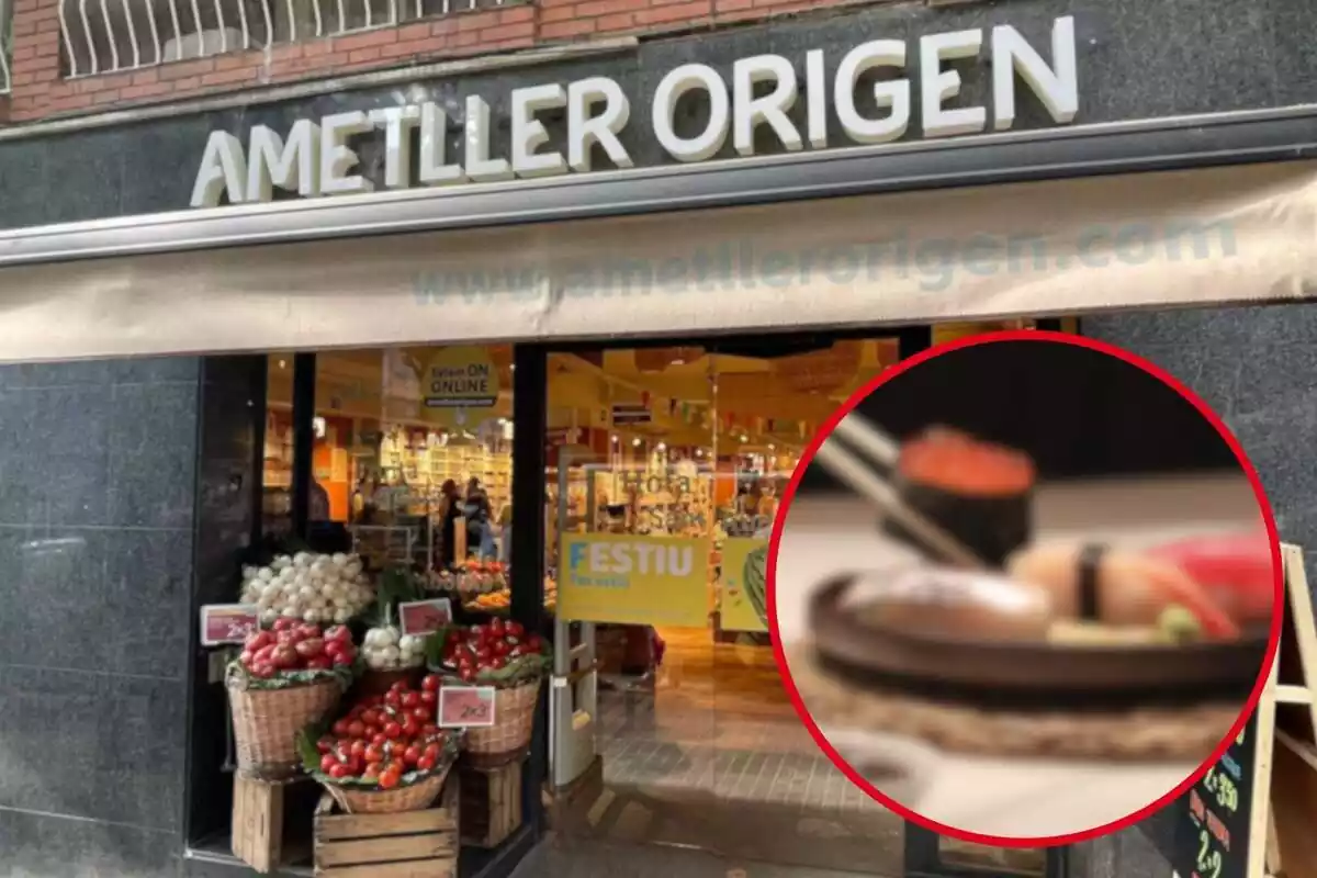 Fotomontaje con una imagen de fondo de una tienda de Ametller Origen y al frente una redonda roja con el sushi del supermercado difuminado
