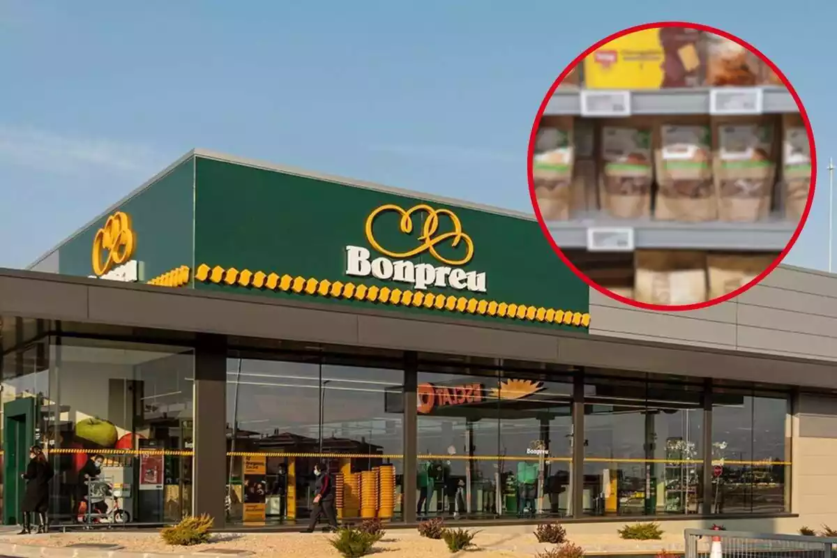 Fotomontaje con una imagen de fondo del exterior de un supermercado de Bonpreu Esclat y al frente una redonda roja con la sección de productos sin gluten