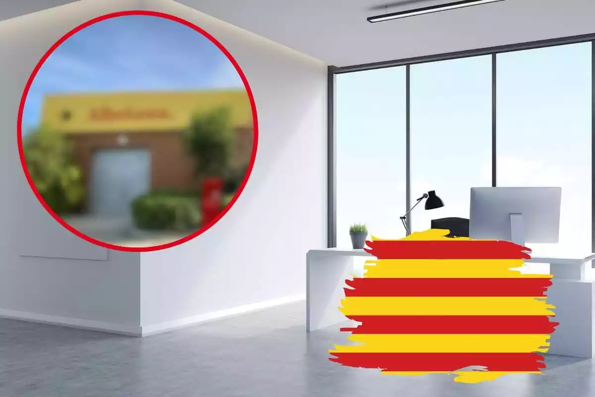 Fotomontaje con una imagen de fondo de unas oficinas, con una bandera catalana y una redonda roja con la imagen difuminada de la sede de Albiñana Films de Barcelona