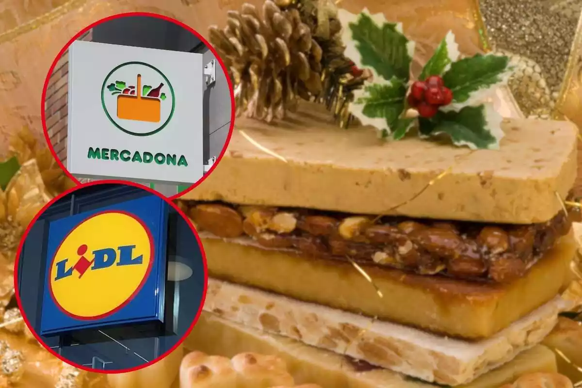 Fotomontaje con una imagen de distintas variedades de turrón apiladas con adornos navideños encima de fondo y al frente dos redondas rojas con los logos de Mercadona y Lidl