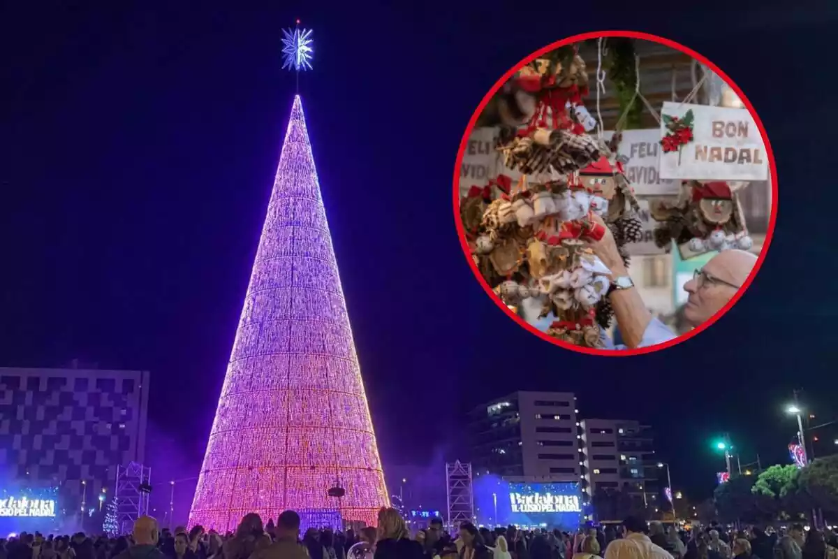 Fotomontaje con el árbol de Navidad de Badalona de fondo, y al frente una imagen de un mercado de Navidad de Barcelona