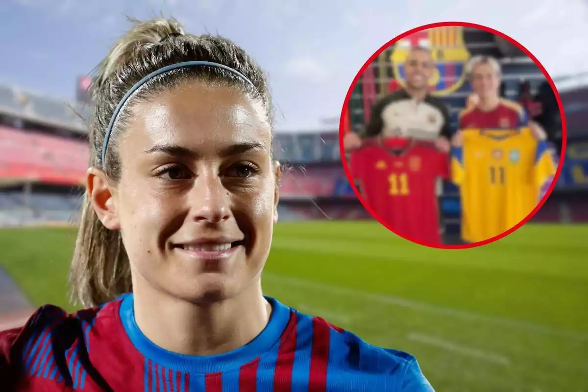 Fotomontaje con una imagen de fondo difuminada del Camp Nou y al frente Alexia Putellas y una redonda roja de una imagen de ella con Ferrao