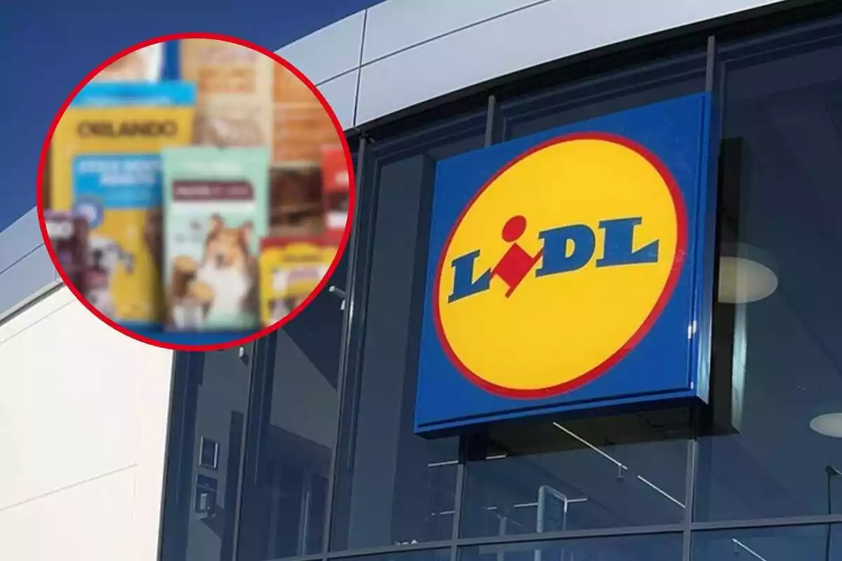 Fotomontaje con una imagen de fondo del exterior de un supermercado Lidl y al frente una redonda roja con los productos para perros del sorteo de Lidl