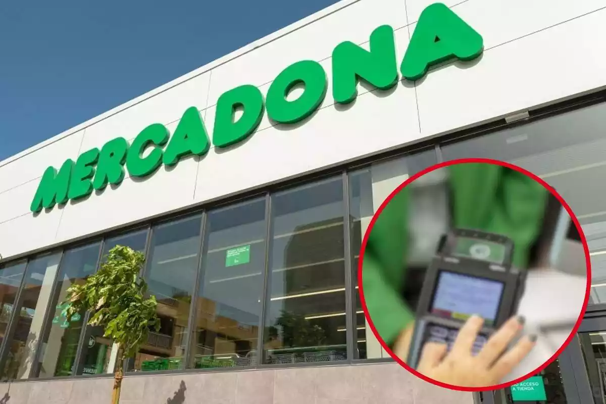 Fotomontaje con una imagen de fondo del exterior de un supermercado Mercadona y al frente una redonda roja con una persona usando un datáfono en Mercadona de tickets digitales