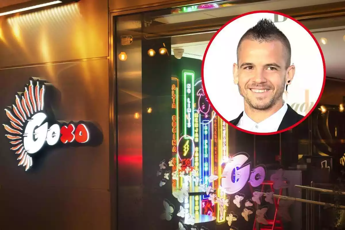 Fotomontaje con una imagen de fondo del exterior del restaurante GoXo de Barcelona y al frente una redonda roja con el rostro del chef Dabiz Muñoz