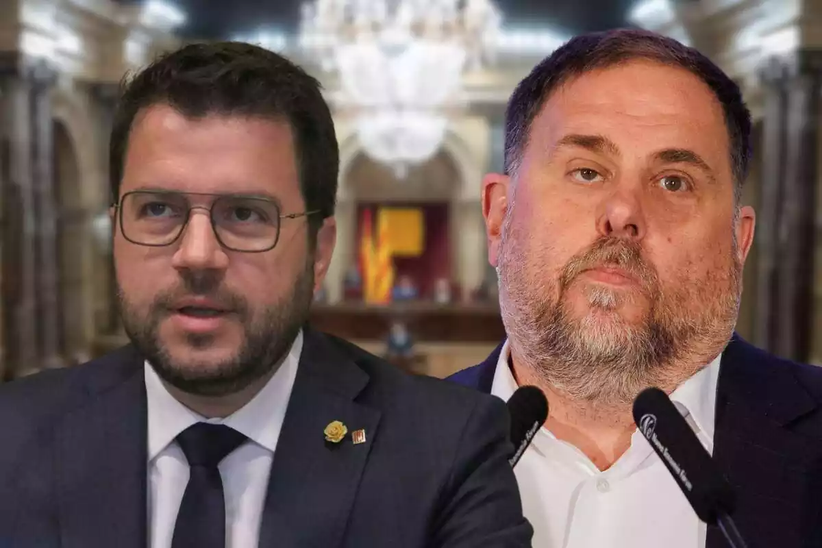 Fotomontaje con una imagen de fondo del Parlament de Cataluña y al frente Oriol Junqueras y Pere Aragonès