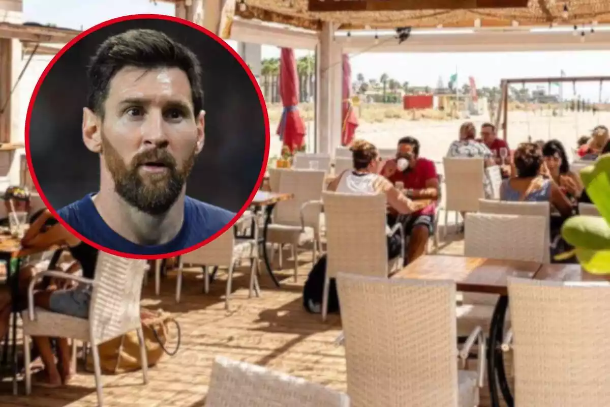 Fotomontaje con una imagen de fondo de las mesas del restaurante Chiringuito Chalito de Castelldefels y al frente una redonda roja con la cara de Leo Messi