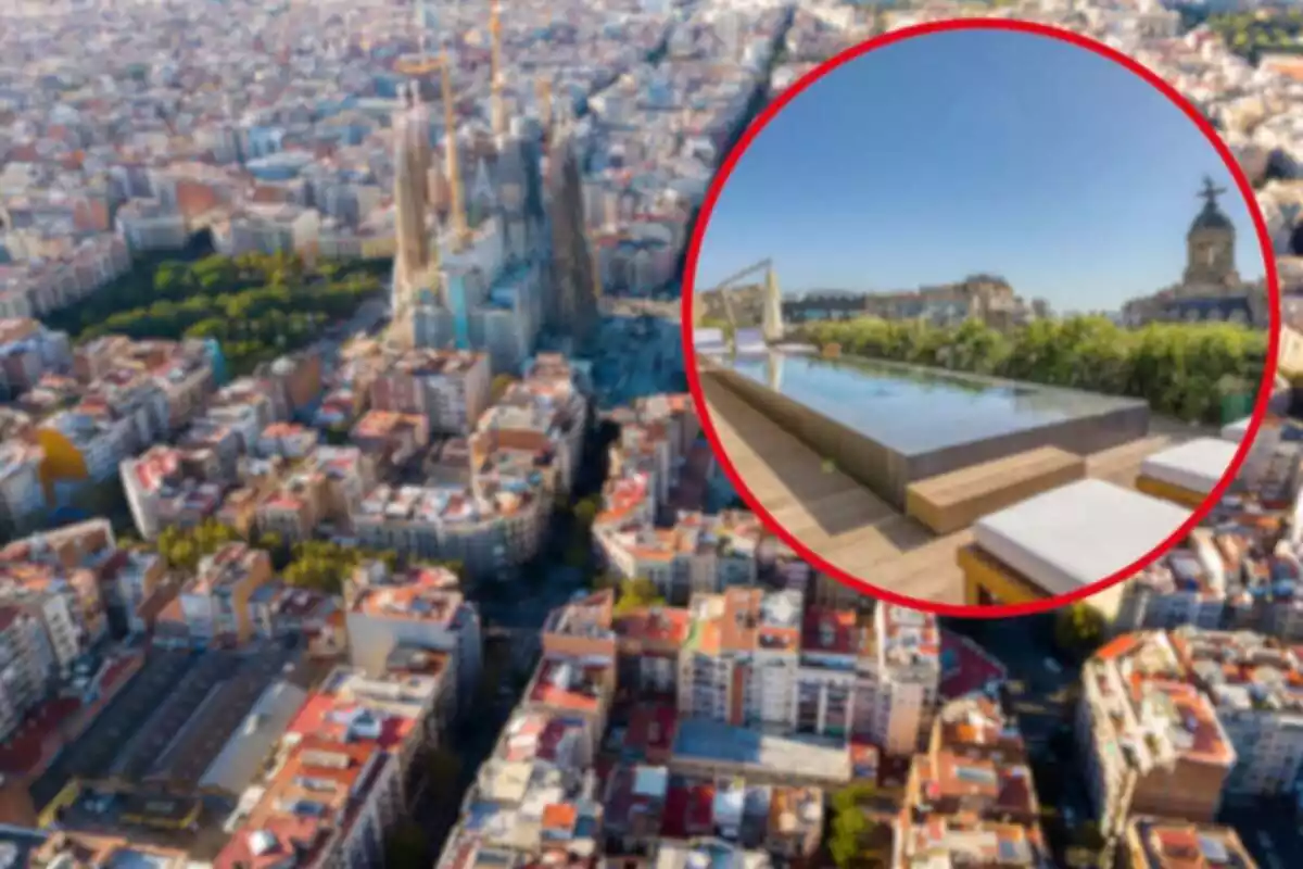 Fotomontaje con una imagen de fondo desde arriba de l'Eixample de Barcelona y una redonda roja con el piso de Idealista