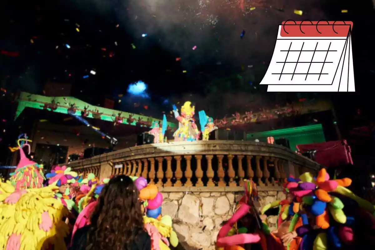 Fotomontaje con una imagen del Carnaval de Sitges y un calendario al frente