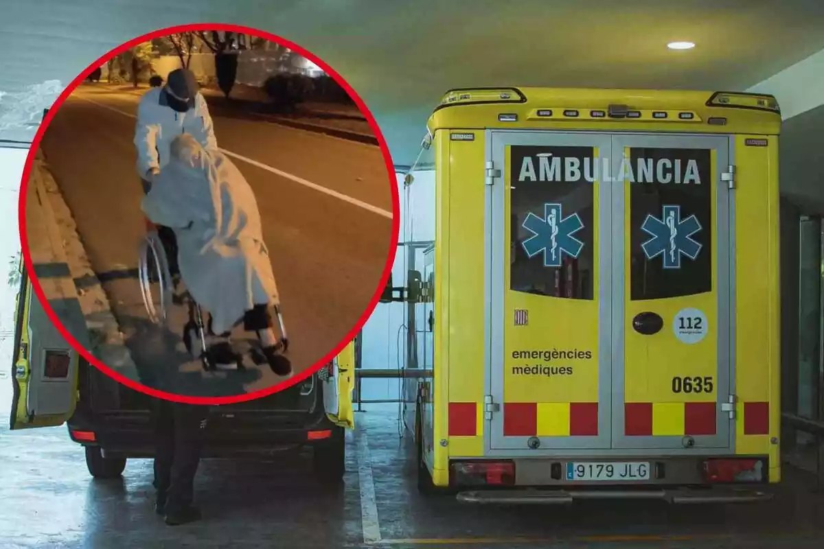 Fotomontaje con una ambulancia del SEM aparcada de fondo y al frente una redonda roja con una imagen de un abuelo empujando la silla de ruedas de una abuela con Alzheimer