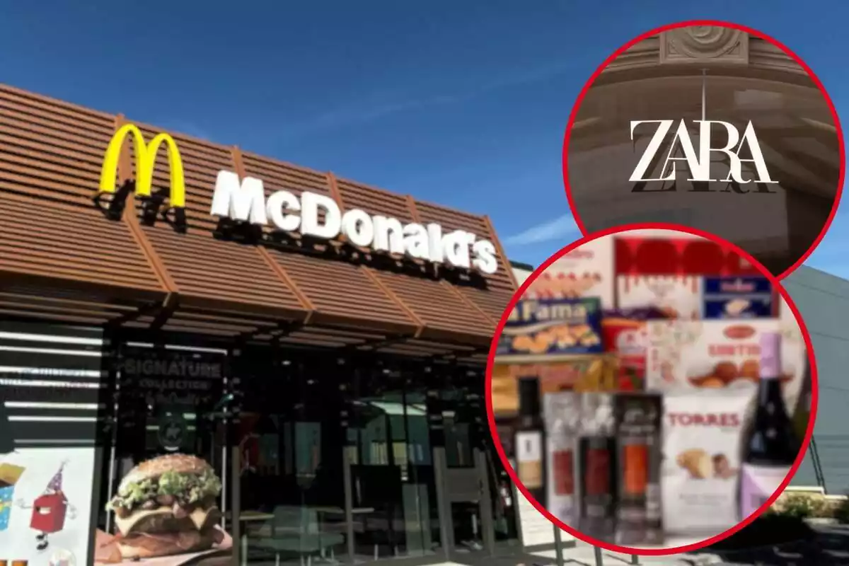 Fotomontaje con una imagen del exterior de un restaurante McDonald's de fondo y al frente dos redondas rojas con el logo de una tienda Zara y la cesta de Navidad de la Fundación Ronald McDonald de Valencia de 2021